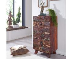 Wohnling Highboard Carved 50x101x40 cm Massivholz Vintage Anrichte Wohnzimmer | Design Kommode Flur | Dielenkommode Echtholz | Flurschrank massiv | Schubladenkommode Holz bunt