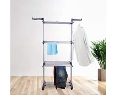 Kleiderstange Garderobenständer auf rollen aus Stahl 170 x 50 x 76cm Garderobenwagen mit 3 Verstellbare Ablagen und Haken auf beiden Seiten Wäscheständer für Schlafzimmer Wohnzimmer Balkon Badezimmer