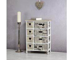 Kommode mit 8 Schubkästen im Zeitungsdesign in Beige, Weiß - Dielenkommode Hochregal Highboard