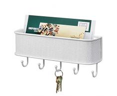 mDesign Briefablage und Schlüsselleiste zur Wandmontage - für ordentliche Aufbewahrung von Notizen, Briefen, Prospekten - Schlüsselbrett-Organizer mit 5 Haken für Schlüssel – weiß