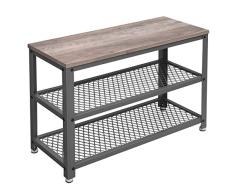 VASAGLE Schuhbank, Schuhschrank, Schuhregal zum Sitzen, Schuhablage mit 3 Ebenen, Metallrahmen, für Eingangsbereich, Diele, Wohnzimmer, Industrie-Design, Holzoptik, greige-grau, LBS73MG