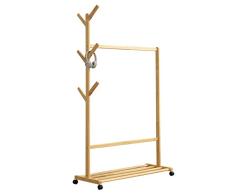 IBUYKE Garderobenständer mit Rollen, Massivholz Kleiderständer, Garderobenständer Regal mit 2 Haken und 1 Ablagefach,für Schuhe, Hüte und Schals, im Flur, Wohnzimmer und Gästezimmer Natural RF-1151