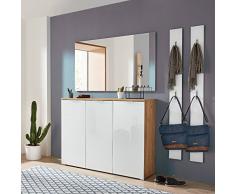 Komplett Garderobenset in Navarra-Eiche weiß, Schuhschrank mit weißer Glasfront, Spiegel und 2 Garderobenpaneelen