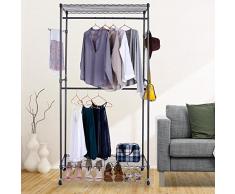 Nisels Kleiderständer Kleiderstange Garderobenständer Metall Kleiderwagen mit Ablage auf Rollen Rollgarderobe Ausziehbar Höhenverstellbar 44 x 88 x 185 cm Schwarz/Grau
