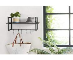 LIFA LIVING Schwarze Wandgarderobe aus Metall und MDF Holz, Vintage Garderobenleiste für die Wand mit Ablage und 5 Haken, Garderobe, 28 x 70 x 29 cm