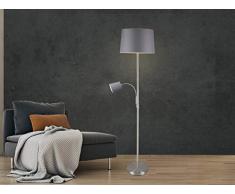 Moderne Stehleuchte mit Leselampe in Silber matt mit Stoffschirm Ø40cm in Grau