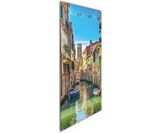 Wallario Wandgarderobe aus Glas in Größe 50 x 125 cm in Premium-Qualität, Motiv: Urlaub in Venedig Kanal zwischen bunten Häusern | 7 Kleiderhaken zum Aufhängen von Jacken