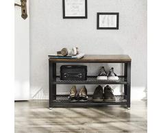 VASAGLE Schuhbank, Schuhschrank, Schuhregal zum Sitzen, Schuhablage mit 3 Ebenen, Metallrahmen, für Eingangsbereich, Diele, Wohnzimmer, Industrie-Design, Holzoptik, vintagebraun-schwarz LBS73X