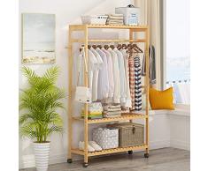 Xjyj Kleiderständer Bambus Holz Garment Rack Rollkleiderständer 3-Tier-Lagerregale Garderobenständer,natürliche Bambusfarbe 39in x 13.8in x 65in