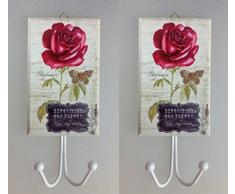 2 Stück Kleiderhaken rote Rose XXL Holz Metall Garderobe Haken Huthaken Mantelhaken Wandhaken Landhaus Antik Design