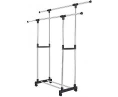 Ejoyous Einstellbare Doppel Kleiderständer Kleiderständer Höhe und Breite verstellbar Garderobenwagen Rollgarderobe aus Edelstahl mit Rollen mit Ablage, Tragkraft 30 kg