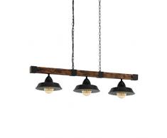 EGLO Pendellampe Oldbury, 3 flammige Vintage Pendelleuchte im Industrial Design, Hängelampe aus Stahl und Holz, Farbe: schwarz, braun rustikal, Fassung: E27, L: 118 cm