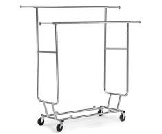 Yaheetech Industrie Kleiderständer Stabiler Garderobenständer 2 Kleiderstange mit Rollen Ausziehbarer Zusammenklappbar Höhenverstellbar Edelstahl