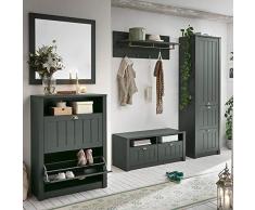 Lomadox Landhaus Garderobenmöbel Komplett-Set in englisch grün, Garderobenset: Schuhschrank, Schuhbank, Spiegel, Garderobenpaneel, Garderobenschrank mit Schubkästen