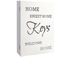 Schlüsselkasten Holzkasten HOME SWEET HOME in Weiss 22x7x32cm 6 Schlüsselhaken Aufbewahrungsnische - Schlüsselbox Schlüsselbrett Schlüsselschrank