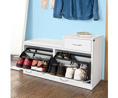 SoBuy® Schuhbank,Sitzbank,Schuhregal, Schuhschrank, Schuhtruhe,mit zwei Schuhfächern und einer Schublade, weiß, FSR17-W