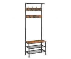 VASAGLE Garderobenständer, Kleiderständer mit Sitzbank, Schuhregal mit 2 Gitterablagen, Garderobe, Flur, Wohnzimmer, Metall, einfacher Aufbau, Industrie-Design, Vintage, dunkelbraun HSR37BX