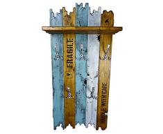 SHaBBy CHic ViNTaGe Holz Garderobe mit 5x3 Metallhaken blau braun weiß (HXBXT: 115x5ox15 cm) aus Echtholz/Massivholz im used look rustikal Landhaus Stil (alternativ: Gaderobe, Gardrobe)