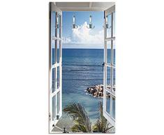 Artland Wandgarderobe Holz Design mit 6 Haken Garderobe mit Motiv 60x120 cm Landschaft Fensterblick Strand Küste Meer Himmel Blau T9II