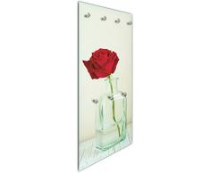 Wallario Wandgarderobe aus Glas in Größe 50 x 125 cm in Premium-Qualität, Motiv: Rote Rose in Glasvase | 7 Kleiderhaken zum Aufhängen von Jacken