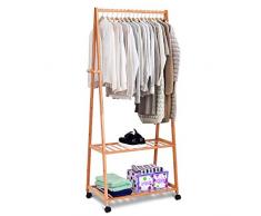 COSTWAY Kleiderständer Bambus, Kleiderstange auf Rollen, Garderobenständer mit 2 Ablagen und 4 Haken