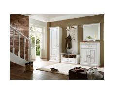 Lomadox Landhaus Komplett Garderoben Set im in Pinie hell Taupe, mit Schuhbank inkl. Polster, Spiegel, Garderobenschrank, Garderobenpaneel und Schuhschrank