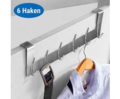 Ecooe Türhängeleiste Türgarderobe Edelstahl Abnehmbar Kleiderhaken ohne Bohren mit 6 Haken Hakenleiste für Türfalzstärken bis 2cm