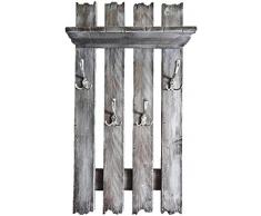 SHaBBy CHic ViNTaGe Holz Garderobe mit 4x3 Metallhaken grau (HXBXT: 1oox5ox15 cm) aus Echtholz/Massivholz im used look rustikal Landhaus Stil (alternativ: Gaderobe, Gardrobe)