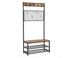 VASAGLE Garderobenständer mit Sitzbank, im Industrie Design, Garderobe mit 9 Kleiderhaken und Schuhregal, mit Memo-Board aus Drahtgitter, Flur, Diele, Schlafzimmer, Vintage HSR46BX