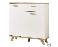 Certeo Schuhschrank Peking in Weiß/Eiche | Bank mit Platz für 13 Paar Schuhe | Mit Steifelaufhängung | Schuhkipper Schuhkommode Schuhe Stiefelschrank