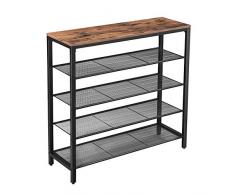 VASAGLE Schuhregal, Schuhablage mit 4 Gitterebenen und großzügiger Oberfläche für Taschen, für den Eingangsbereich, Flur, Metall, Industrie-Design, Vintage, Dunkelbraun LBS15BX