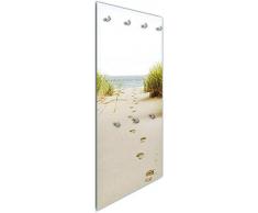 Wallario Wandgarderobe aus Glas in Größe 50 x 125 cm in Premium-Qualität, Motiv: Spuren im Sand- Fußspuren durch die Düne zum Meer | 7 Kleiderhaken zum Aufhängen von Jacken