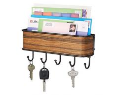 mDesign Schlüsselbrett mit Ablage - vielseitiges Schlüsselboard aus mattem Metall und Palisander-Holz - mit Briefablage für Post oder auch Handys