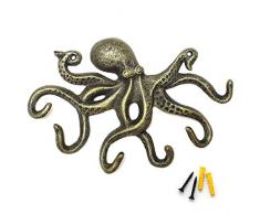 Kleiderhaken für Wanddekoration Rustikaler Octopus-Schlüsselhalter, Gusseisen 25,5 cm Schlüsselhaken mit 6 Tentakeln, Bronze