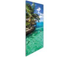 Wallario Wandgarderobe aus Glas in Größe 50 x 125 cm in Premium-Qualität, Motiv: Karibisches Meer – Einsame Hütte unter Palmen | 7 Kleiderhaken zum Aufhängen von Jacken