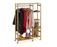 Relaxdays Rollgarderobe Bambus, mobiler Kleiderständer, 6 Ablagen, offen, Garderobenstange, HBT 136,5 x 32 x 11cm, natur
