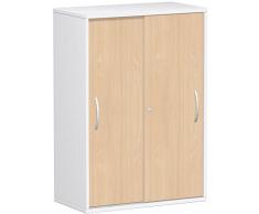 Schiebetürenschrank Büro, Büroschrank aus Holz,Oberboden 25 mm, mit Standfüßen, abschließbar, 800x425x1182, Buche/Weiß, Geramöbel