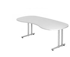Schreibtisch DR-Büro Serie N - 200 x 100 cm - 7 Farben - Arbeitshöhe 72 cm - Gestell Silber - Nierenform - Kabelwanne, Farbe Büromöbel:Weiss