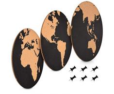 Navaris 3x Kork Pinnwand Korkwand Set - Weltkarte rund Pinboard Korkplatte Tafel - Pinwand 3 World Map Designs - Korktafel Memo Wand inkl. 6 Pins