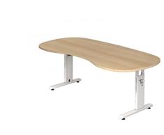 DR-Büro Schreibtisch höhenverstellbar nierenform 200 x 100 cm - Höhe 65-85 cm - Bürotisch mit weißem Gestell - 7 Farben, Farbe:Eiche
