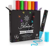 Belmique Kreidestifte Bunt - Trocken Abwischbare Kreidemarker 8er Set. Kräftige Farben für Tafel, Fenster, Whiteboard, Tafelfolie - 6MM Rund- & Schrägkeilspitze für perfektes Schreiberlebnis