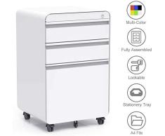 Dripex Metall Rollcontainer Stahl Rollcontainer mit 3 Schubladen und Hängeregistratur Abschließbarer Büroschrank Bürocontainer 5 Räder Aktenschrank 40x50x62cm