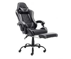 LZQ Racing Sportsitz Gaming Stuhl Racing Drehstuhl mit Fußstütze Bürostuhl PU Kunstleder Bürodrehstuhl mit Armlehnen, Höhenverstellbar, Ergonomisch Design, Grau + Schwarz