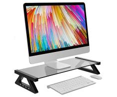 PDFF Laptopständer Computerständer, Multi-Funktions-PC-Monitor, Laptop Stand Ausgeglichenes Glas, Computer-Schreibtisch USB 2.0 Anzug Für Laptop-Monitor-Tabelle Tragbare Guter Qualität,Schwarz