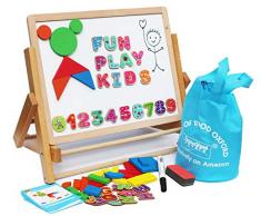 Holz Staffelei Kreidetafel Magnettafel für Kinder- mit Magneten Formen Buchstaben Zahlen Stift und Papierrolle - Aufbewahrungssäckchen inklusive - Klappbar und einfach zu verstauen