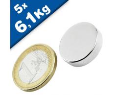 5 x Scheibenmagnet / Rundmagnet Ø 20x 5mm - Neodym N42, Nickel - hält 6,1kg - Magnetscheiben - starker Powermagnet/Supermagnet/Permanentmagnet mit extremer Haftkraft, für Kühlschrank, Magnet Glasboards, Magnettafel, Pinnwand, Whiteboard