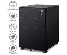 DEVAISE Metall Rollcontainer Aktenschränke Büro-Rollcontainer Bürocontainer mit 3 Schublade für A4; Mobilen, Abschließbar, 39cm B x 45cm T x 60cm H, Schwarz