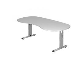 Schreibtisch DR-Büro Serie O - 200 x 100 cm - einstellbar 65 bis 85 cm - Gestell Silber - Nierenform - Kabelwanne, Farbe Büromöbel:Grau