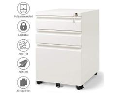 DEVAISE Metall Rollcontainer, Aktenschränke, Büro-Rollcontainer, Bürocontainer mit 3 Schublade für A4; Mobilen, Abschließbar, 60cm H, Weiß