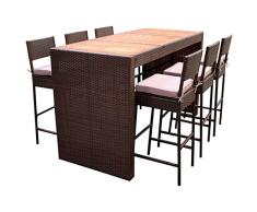 lifestyle4living Barset, Bartisch, Hochtisch, Barhocker, Barstuhl, Gartensitzgruppe, Gartengarnitur, Gartenmöbelset, Stahlkern, Polyrattan, moccafarbig, Akazienholz